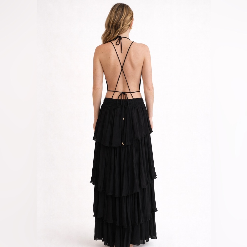 Free People Black Boho Maxi Dress Smocked Waist Short Sleeve Size S - Picture 2 of 8